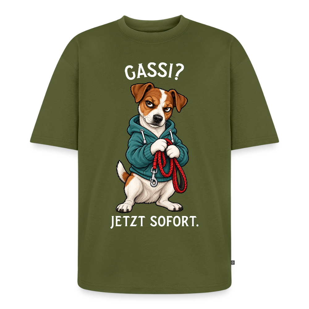 Jack Russell T-Shirt in Khaki – lustiger Cartoon-Hund mit Spruch „Gassi?“ | Geschenk für Hundeliebhaber von Pfotenart