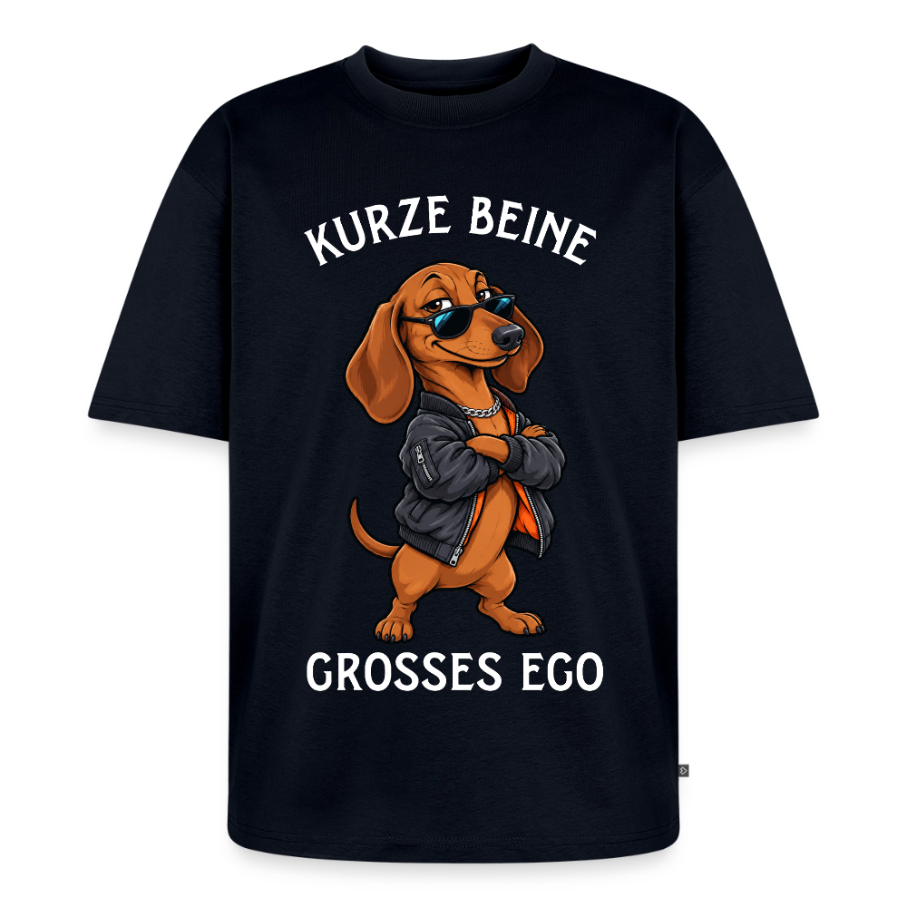 Dackel T-Shirt in Navy – lustiger Cartoon-Hund mit Spruch „Grosses Ego“ | Geschenk für Hundeliebhaber von Pfotenart