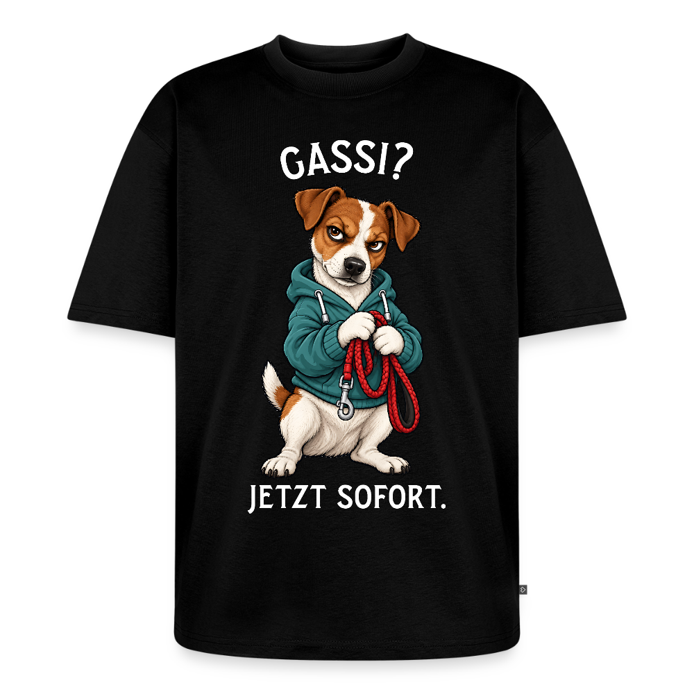 Jack Russell T-Shirt in Schwarz – lustiger Cartoon-Hund mit Spruch „Gassi?“ | Geschenk für Hundeliebhaber von Pfotenart