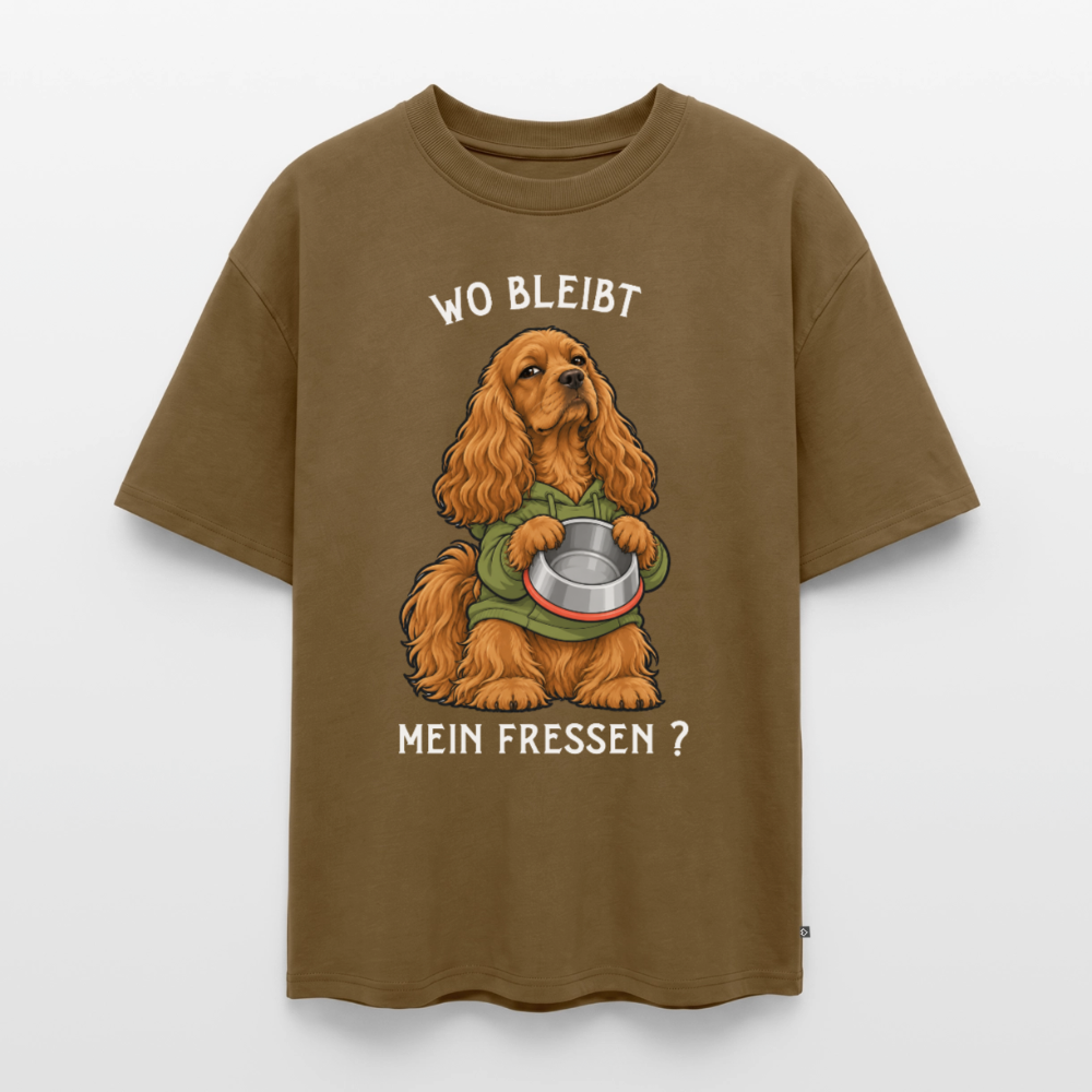 Cocker Spaniel T-Shirt in Nussbraun – lustiger Cartoon-Hund mit Spruch „Wo bleibt mein Fressen?“ | Geschenk für Hundeliebhaber von Pfotenart