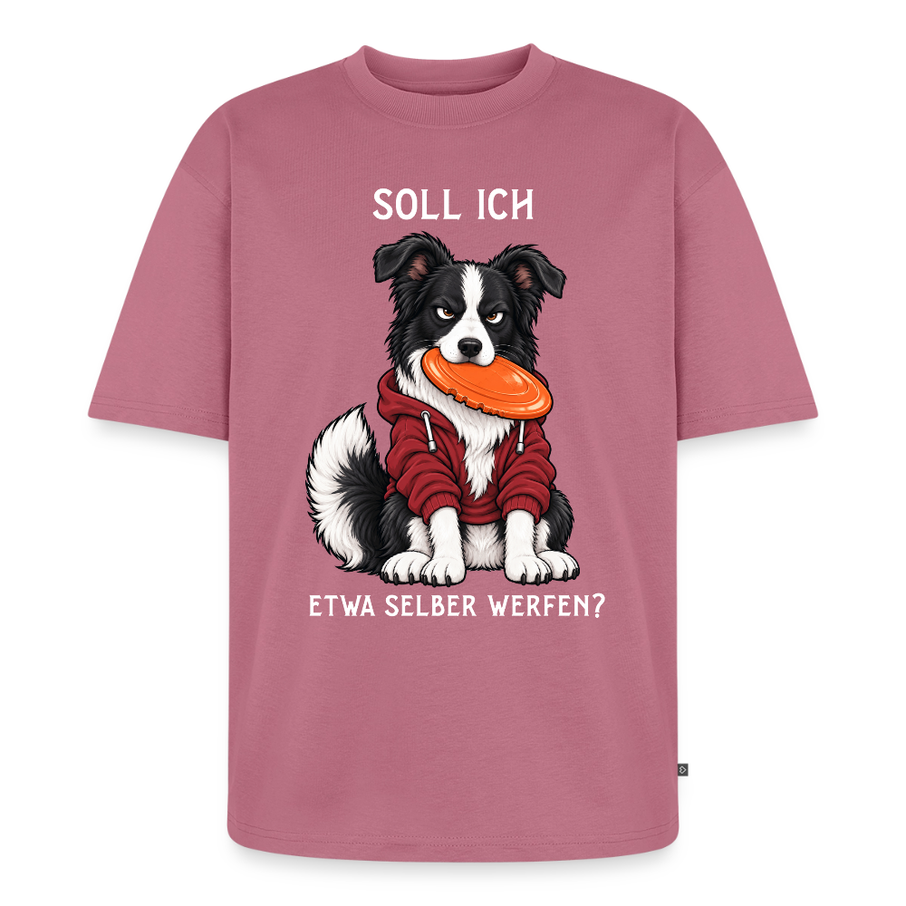Border Collie T-Shirt in Mauve – lustiger Cartoon-Hund mit Spruch „Selber werfen“ | Geschenk für Hundeliebhaber von Pfotenart