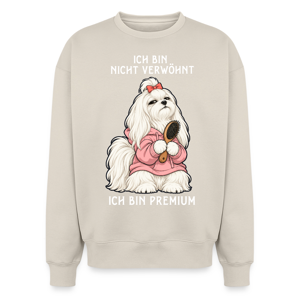 Malteser Sweater in Beige – lustiger Cartoon-Hund mit Spruch „Ich bin Premium“ auf der Rückseite | Geschenk für Hundeliebhaber von Pfotenart