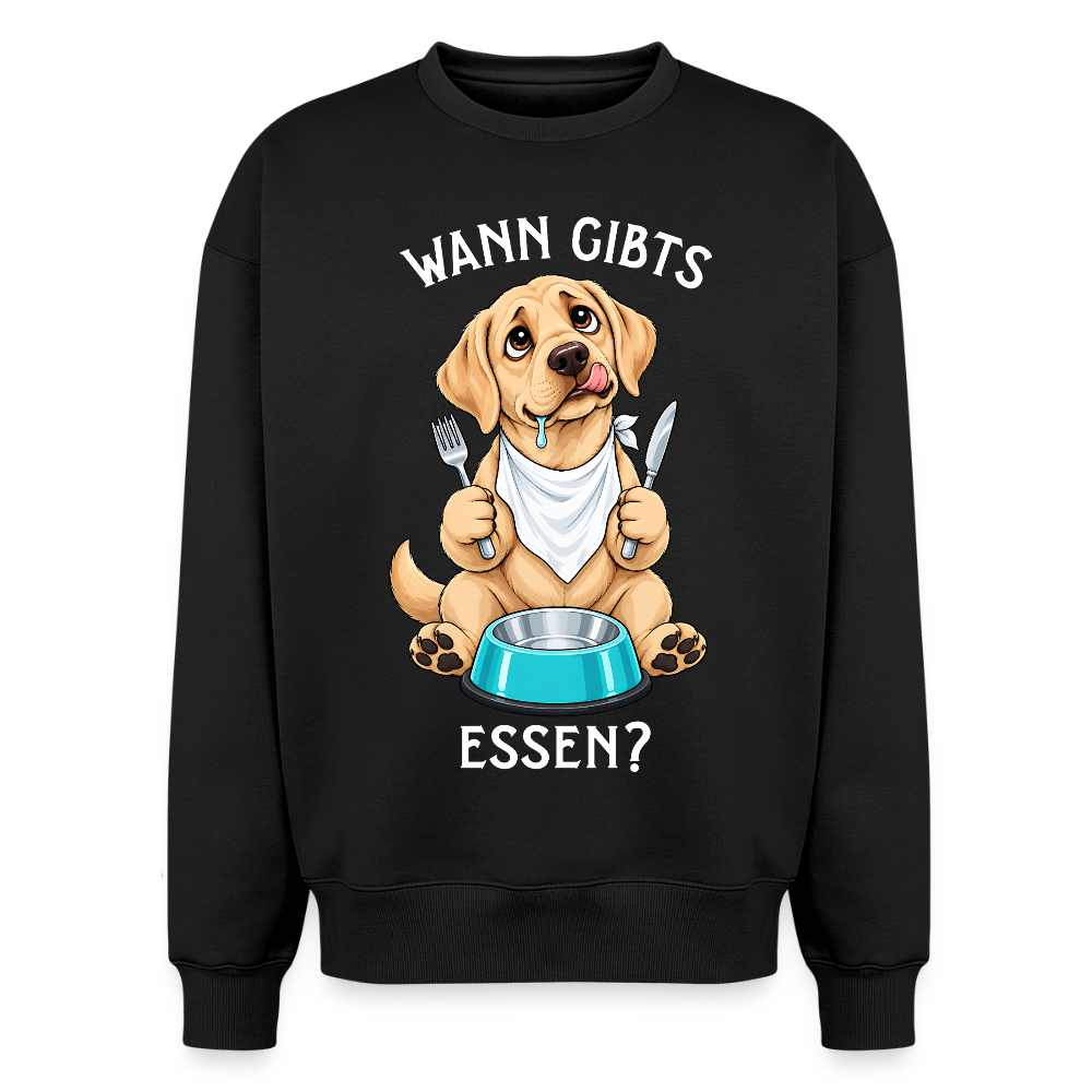 Labrador Sweater in Schwarz – lustiger Cartoon-Hund mit Spruch „Wann gibts Essen“ auf der Rückseite | Geschenk für Hundeliebhaber von Pfotenart