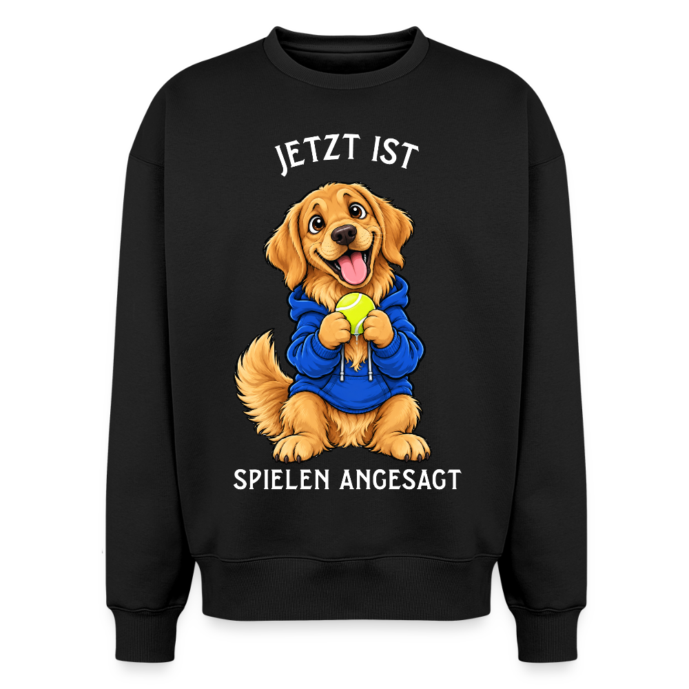 Golden Retriever Sweater in Schwarz – lustiger Cartoon-Hund mit Spruch „Spielen“ auf der Rückseite | Geschenk für Hundeliebhaber von Pfotenart