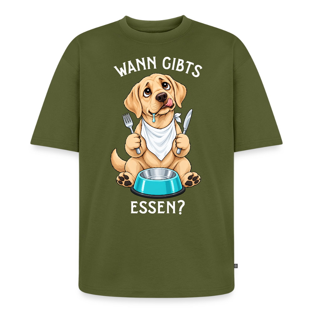 Labrador T-Shirt in Khaki – lustiger Cartoon-Hund mit Spruch „Wann gibts Essen“ | Geschenk für Hundeliebhaber von Pfotenart