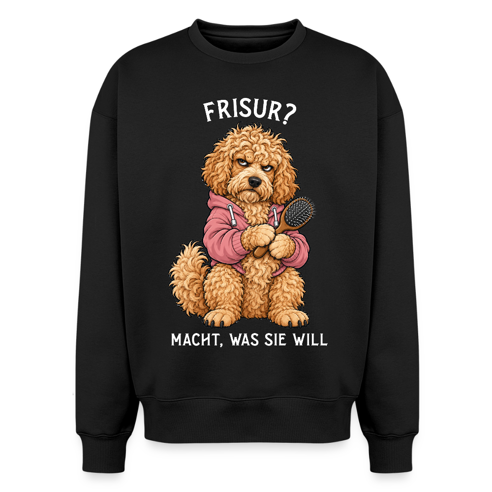 Labradoodle Sweater in Schwarz – lustiger Cartoon-Hund mit Spruch „Frisur?“ auf der Rückseite | Geschenk für Hundeliebhaber von Pfotenart