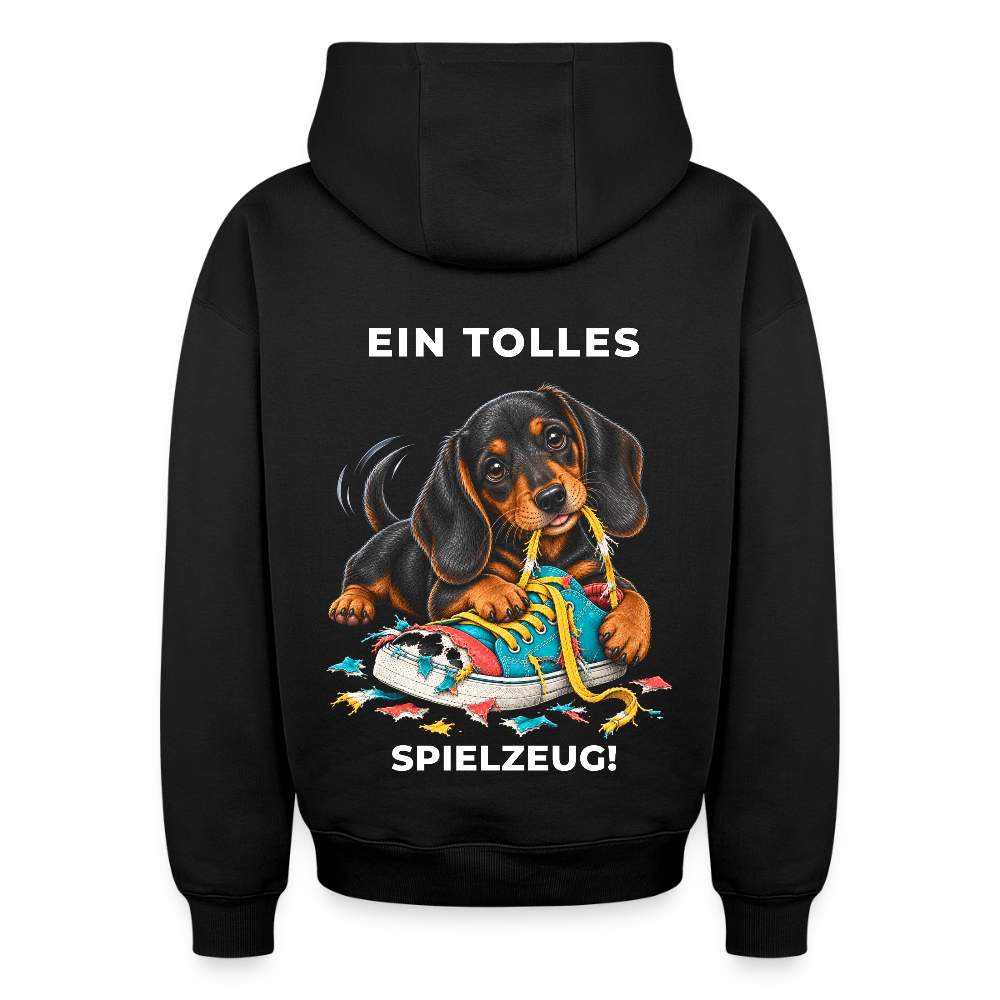 Dackel Hoodie in Schwarz – Spezial Edition „Ein tolles Spielzeug“ auf der Rückseite | Geschenk für Hundeliebhaber von Pfotenart