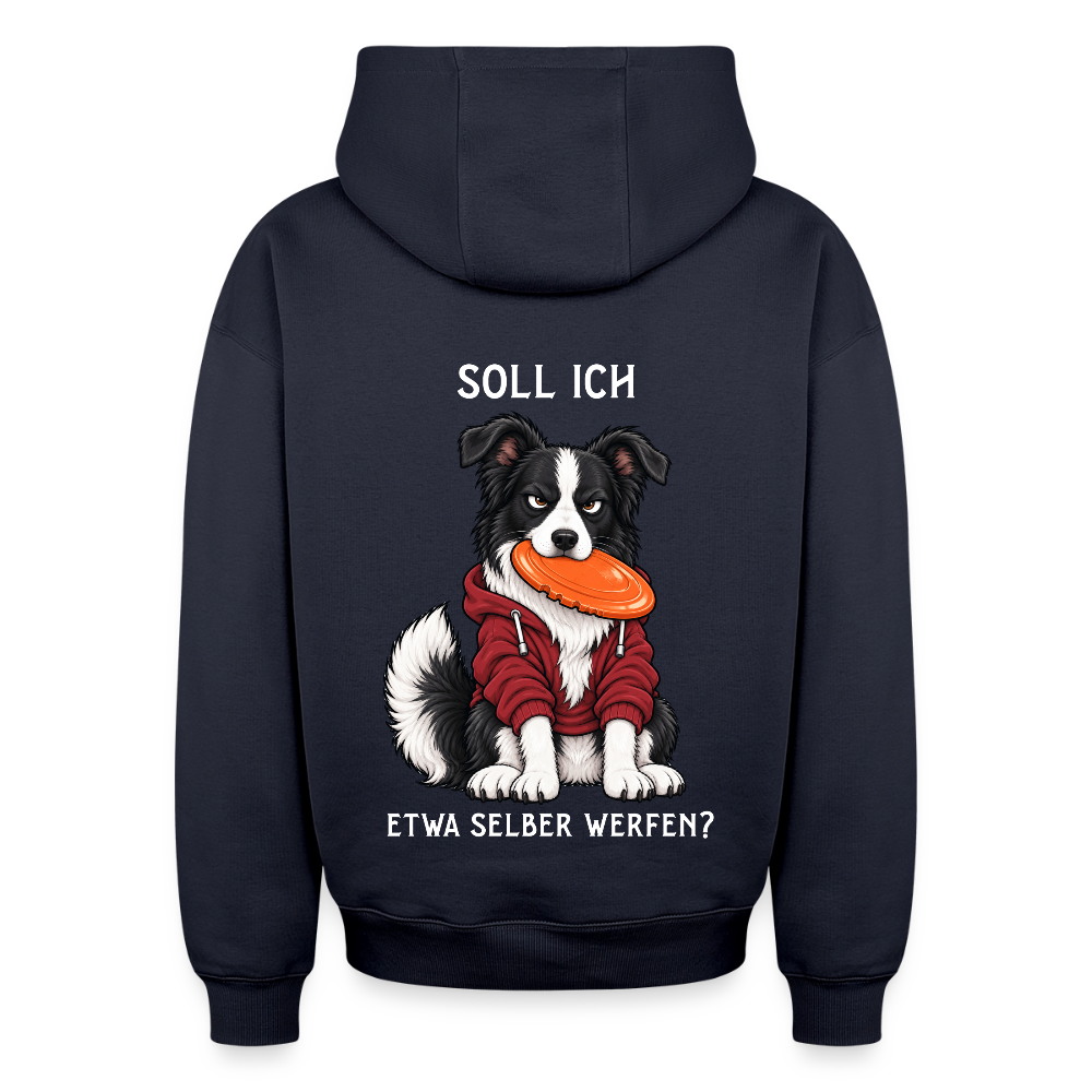 Border Collie Hoodie in Navy – lustiger Cartoon-Hund mit Spruch „Selber werfen“ auf der Rückseite | Geschenk für Hundeliebhaber von Pfotenart