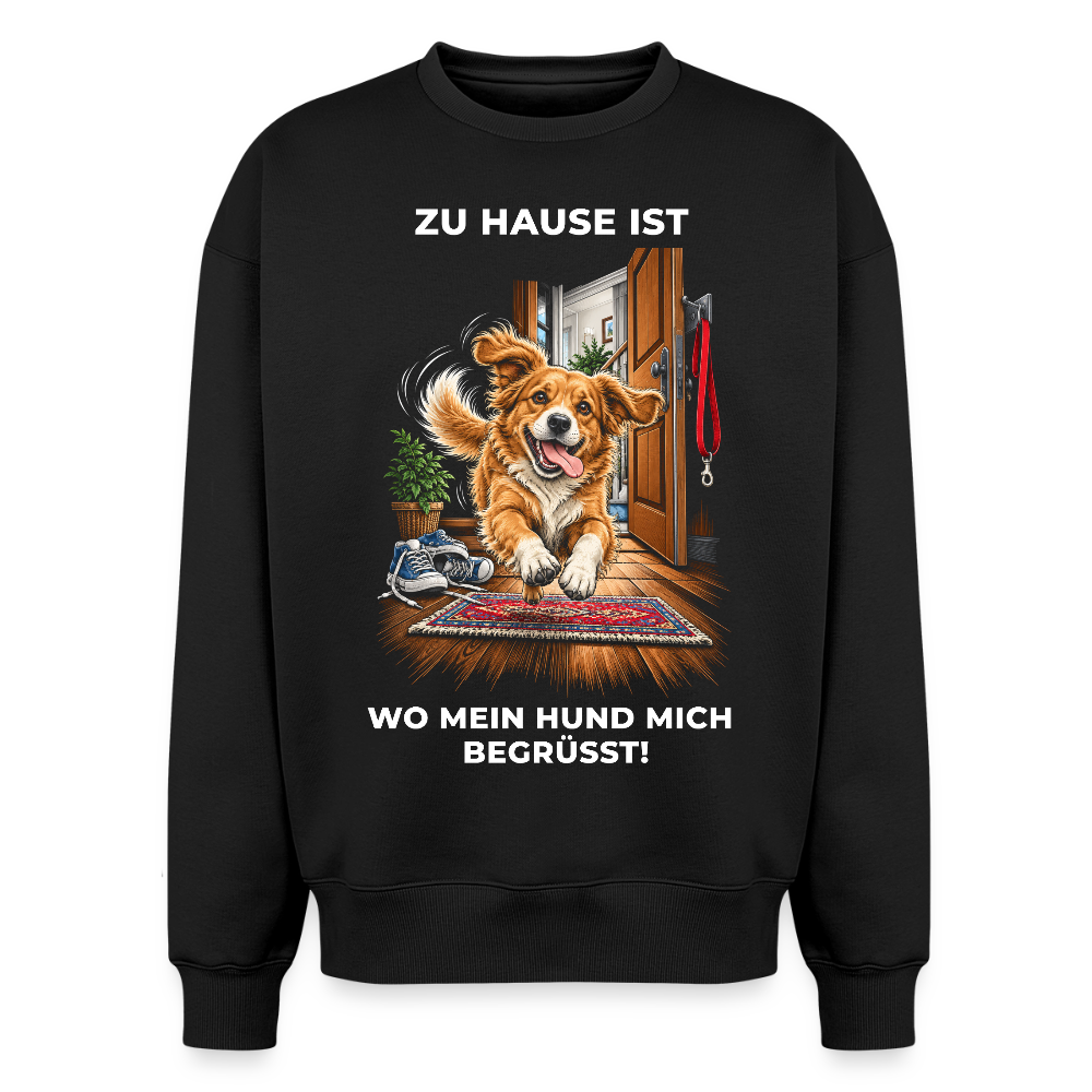 Hunde Sweater in Schwarz – Spezial Edition „zu Hause“ auf der Rückseite | Geschenk für Hundeliebhaber von Pfotenart