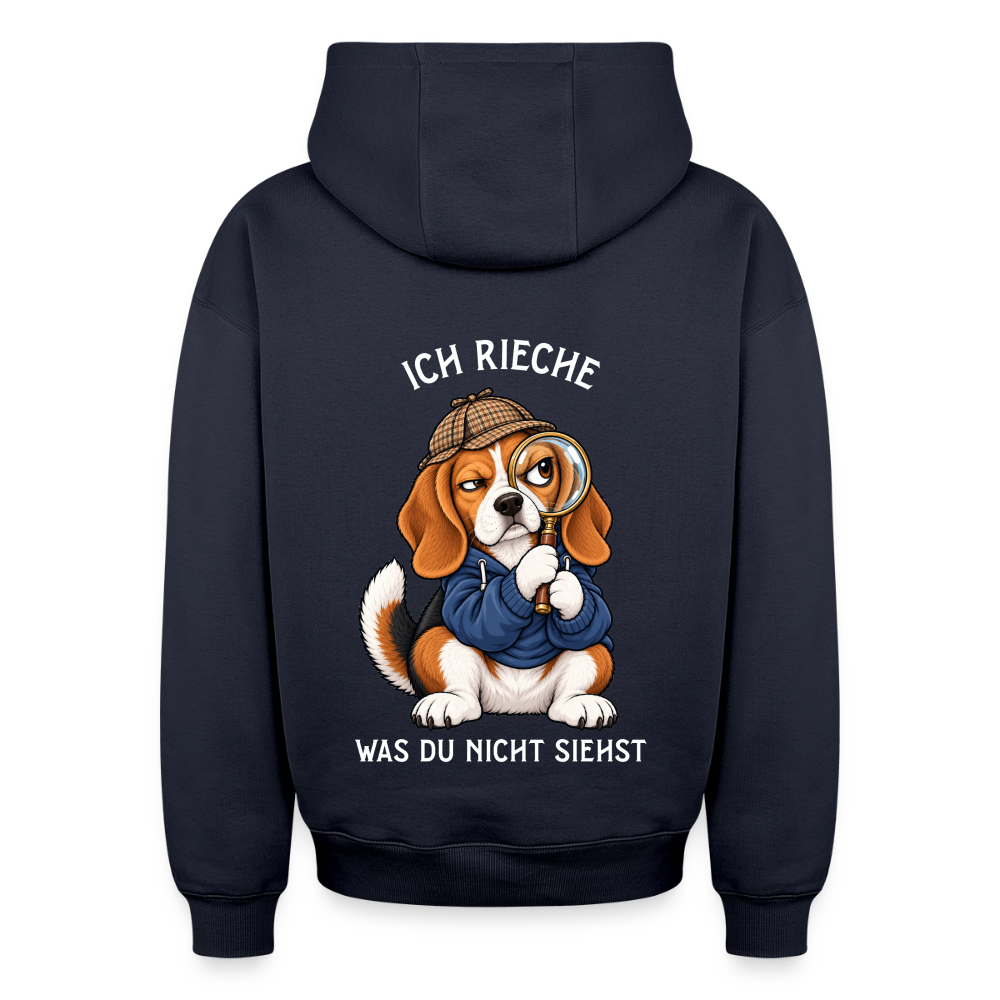 Beagle Hoodie in Navy – lustiger Cartoon-Hund mit Spruch „Ich rieche“ auf der Rückseite | Geschenk für Hundeliebhaber von Pfotenart