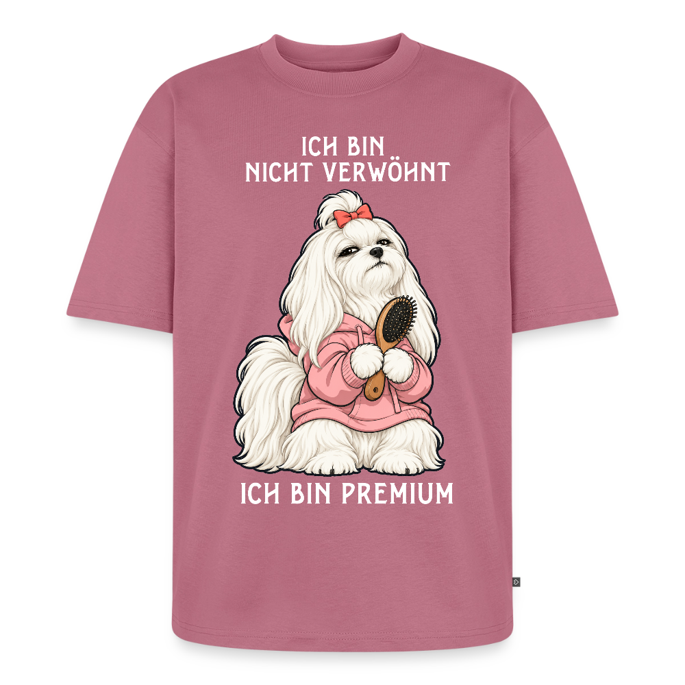 Malteser T-Shirt in Mauve – lustiger Cartoon-Hund mit Spruch „Ich bin Premium“ | Geschenk für Hundeliebhaber von Pfotenart