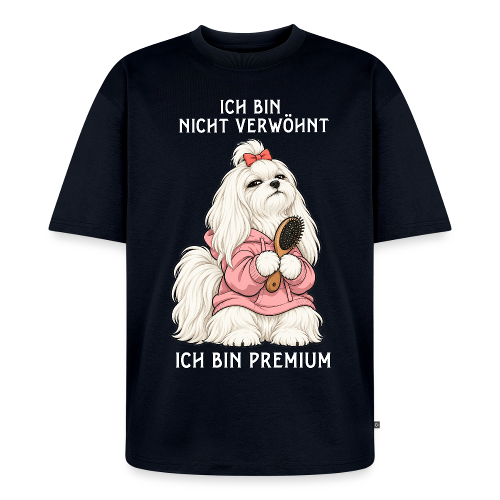 Malteser T-Shirt in Navy – lustiger Cartoon-Hund mit Spruch „Ich bin Premium“ | Geschenk für Hundeliebhaber von Pfotenart