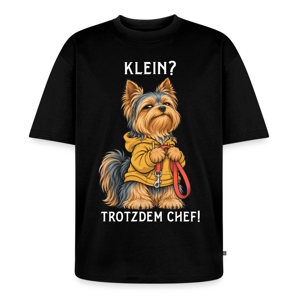 Yorkshire Terrier T-Shirt in Schwarz – lustiger Cartoon-Hund mit Spruch „Klein?“ | Geschenk für Hundeliebhaber von Pfotenart