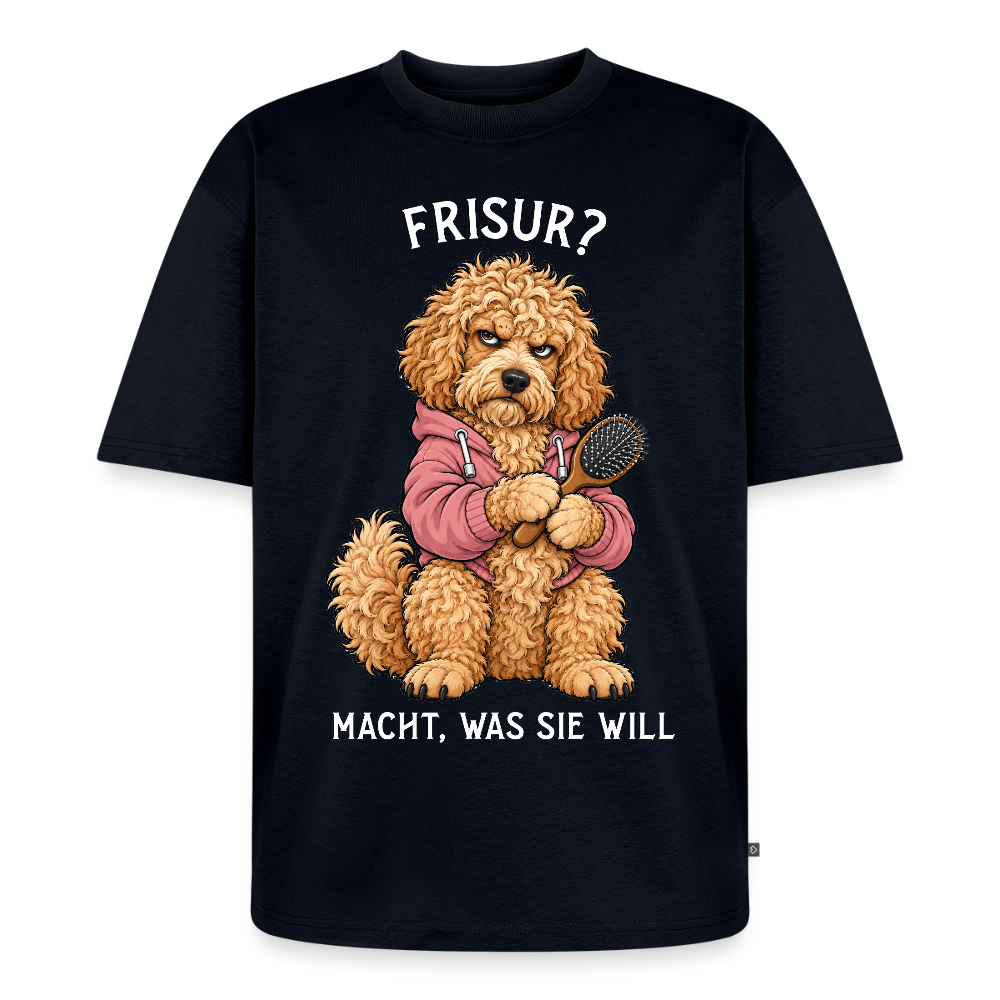 Labradoodle T-Shirt in Navy – lustiger Cartoon-Hund mit Spruch „Frisur?“ | Geschenk für Hundeliebhaber von Pfotenart