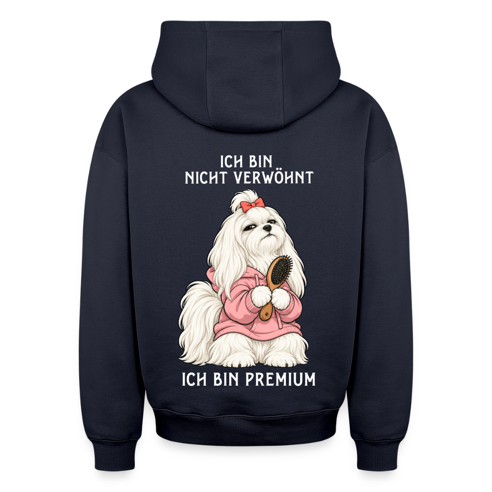Malteser Hoodie in Navy – lustiger Cartoon-Hund mit Spruch „Ich bin Premium“ auf der Rückseite | Geschenk für Hundeliebhaber von Pfotenart