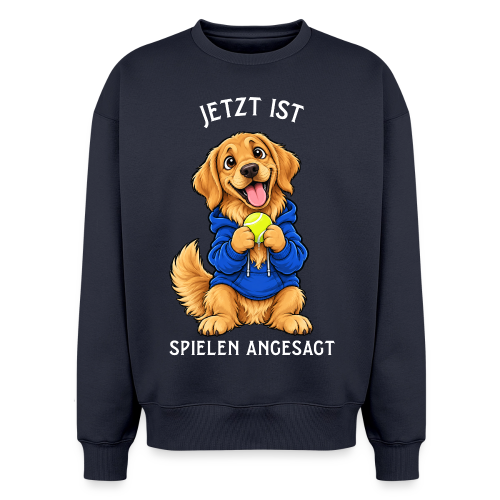 Golden Retriever Sweater in Navy – lustiger Cartoon-Hund mit Spruch „Spielen“ auf der Rückseite | Geschenk für Hundeliebhaber von Pfotenart