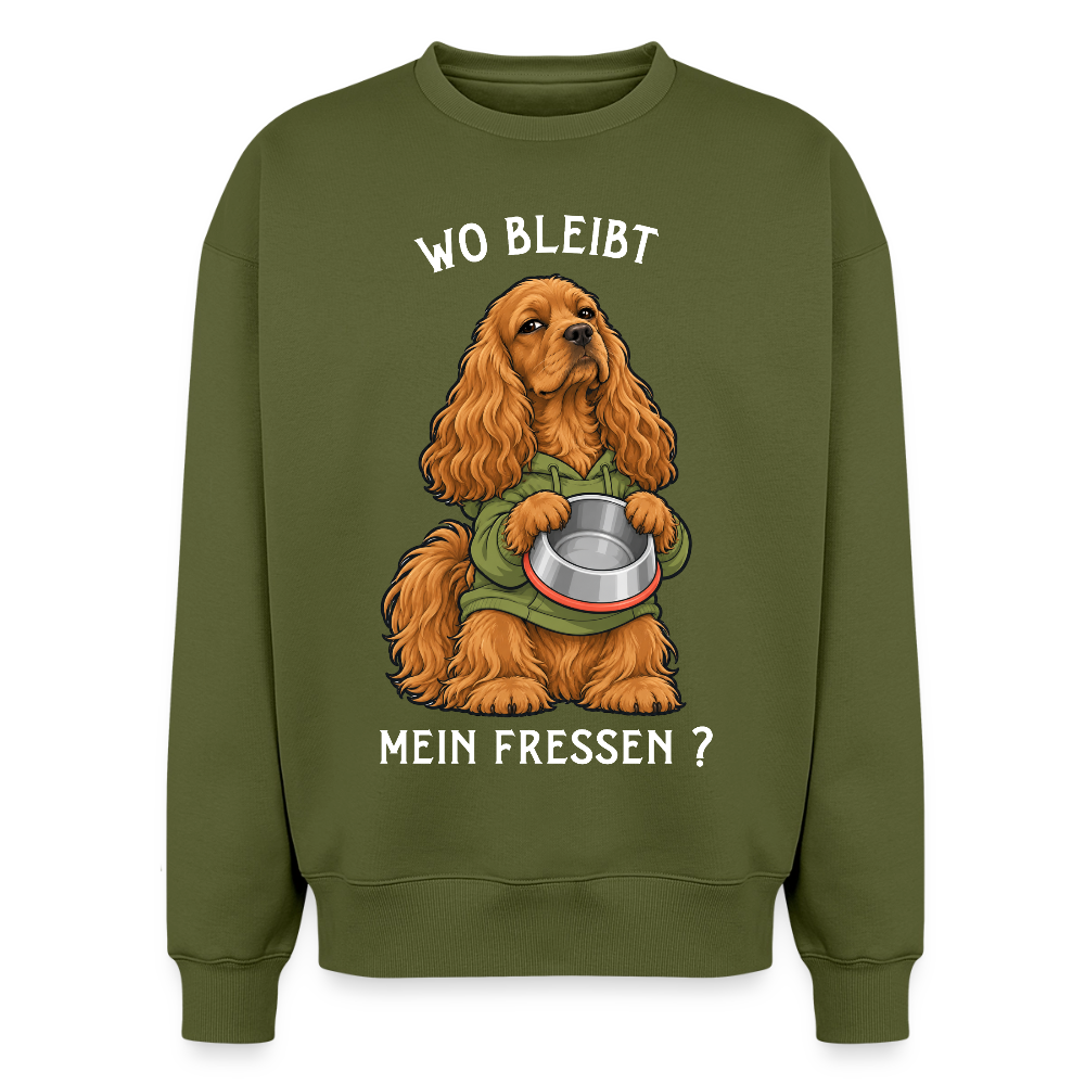 Cocker Spaniel Sweater in Khaki – lustiger Cartoon-Hund mit Spruch „Mein Fressen“ auf der Rückseite | Geschenk für Hundeliebhaber von Pfotenart