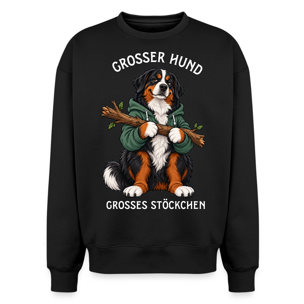 Berner Sennenhund Sweater in Schwarz – lustiger Cartoon-Hund mit Spruch „Grosser Hund“ auf der Rückseite | Geschenk für Hundeliebhaber von Pfotenart