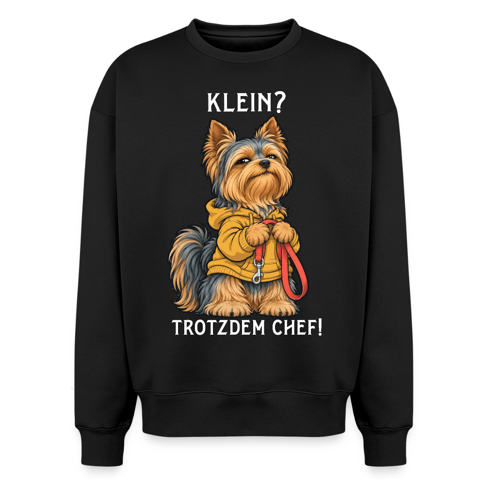 Yorkshire Terrier Sweater in Schwarz – lustiger Cartoon-Hund mit Spruch „Klein?“ auf der Rückseite | Geschenk für Hundeliebhaber von Pfotenart