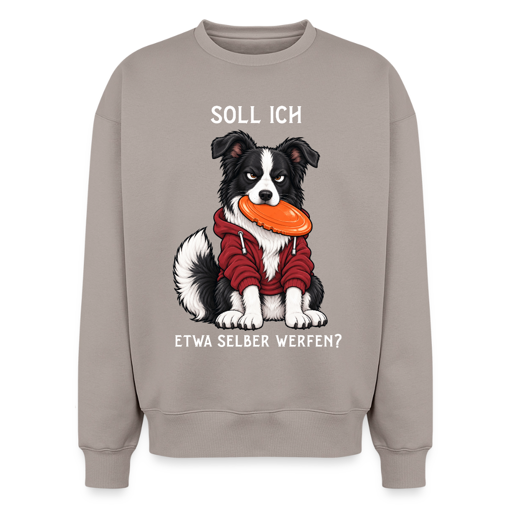Border Collie Sweater in Taupe – lustiger Cartoon-Hund mit Spruch „Selber werfen“ auf der Rückseite | Geschenk für Hundeliebhaber von Pfotenart