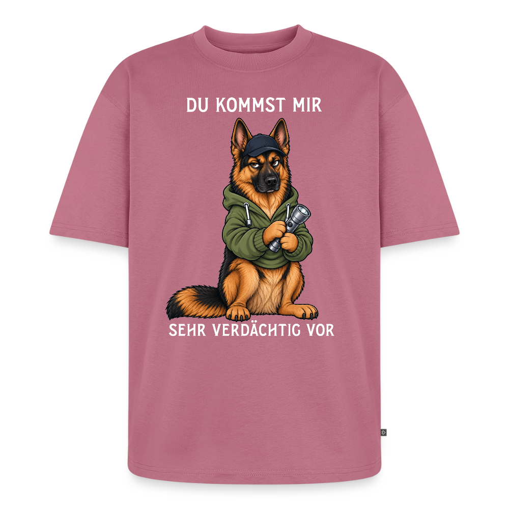 Schäferhund T-Shirt in Mauve – lustiger Cartoon-Hund mit Spruch „Sehr verdächtig“ | Geschenk für Hundeliebhaber von Pfotenart