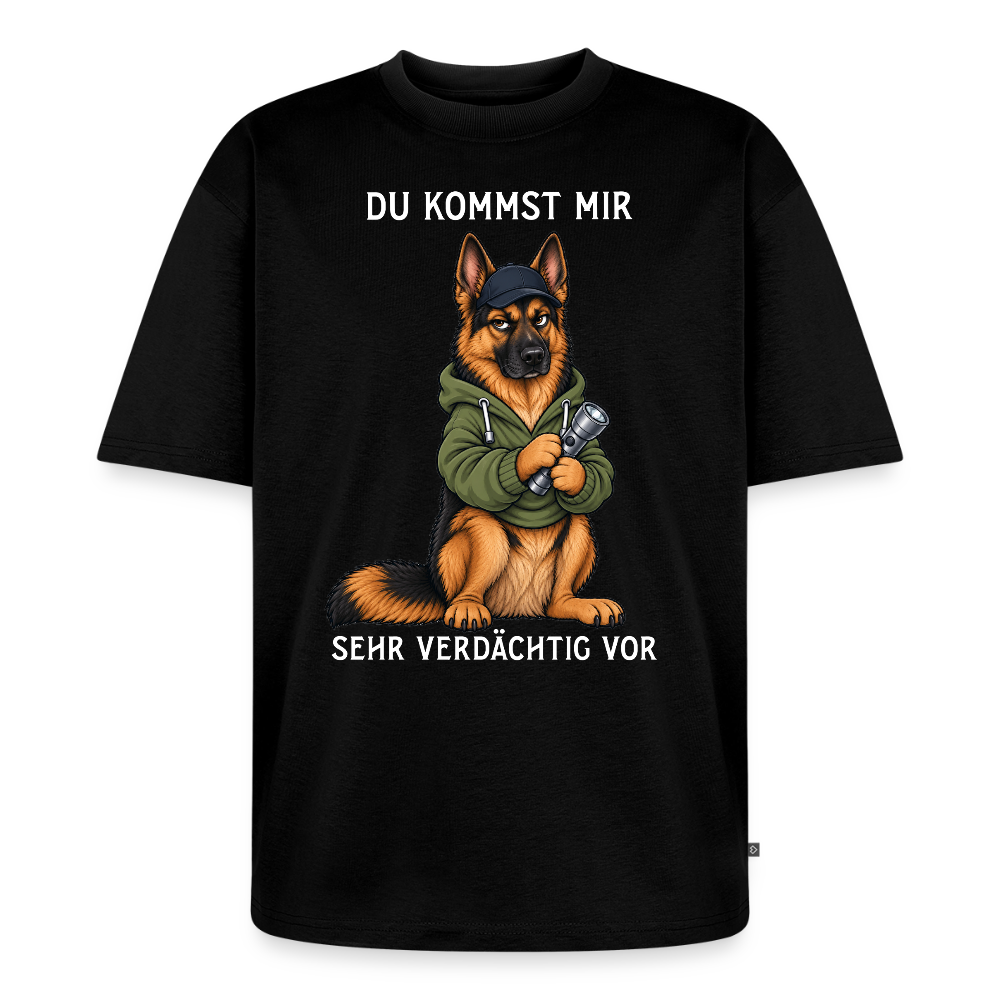 Schäferhund T-Shirt in Schwarz – lustiger Cartoon-Hund mit Spruch „Sehr verdächtig“ | Geschenk für Hundeliebhaber von Pfotenart