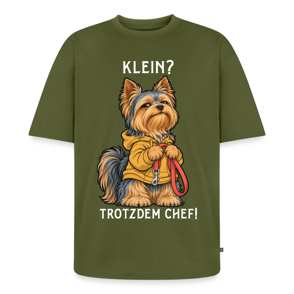 Yorkshire Terrier T-Shirt in Khaki – lustiger Cartoon-Hund mit Spruch „Klein?“ | Geschenk für Hundeliebhaber von Pfotenart