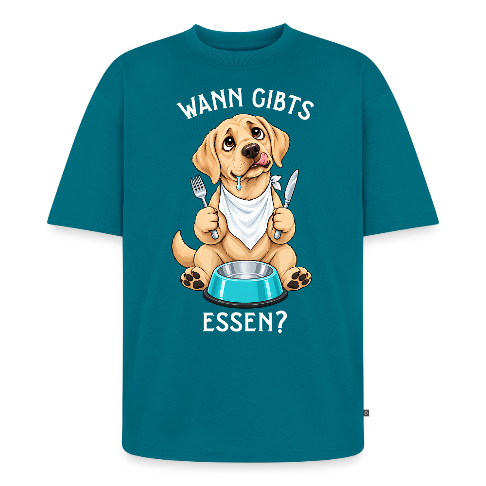 Labrador T-Shirt in Petrol – lustiger Cartoon-Hund mit Spruch „Wann gibts Essen“ | Geschenk für Hundeliebhaber von Pfotenart