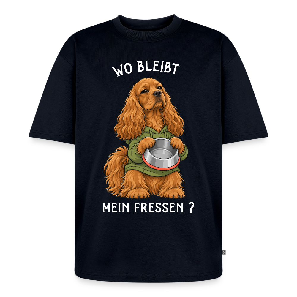 Cocker Spaniel T-Shirt in Navy – lustiger Cartoon-Hund mit Spruch „Wo bleibt mein Fressen?“ | Geschenk für Hundeliebhaber von Pfotenart