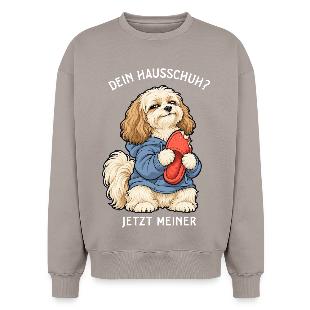 Havaneser Sweater in Taupe – lustiger Cartoon-Hund mit Spruch „Mein Hausschuh“ auf der Rückseite | Geschenk für Hundeliebhaber von Pfotenart