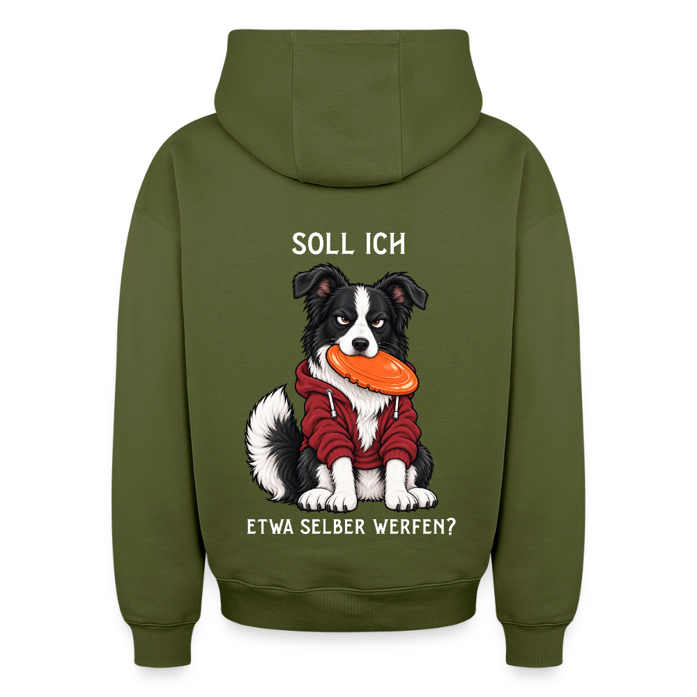 Border Collie Hoodie in Khaki – lustiger Cartoon-Hund mit Spruch „Selber werfen“ auf der Rückseite | Geschenk für Hundeliebhaber von Pfotenart