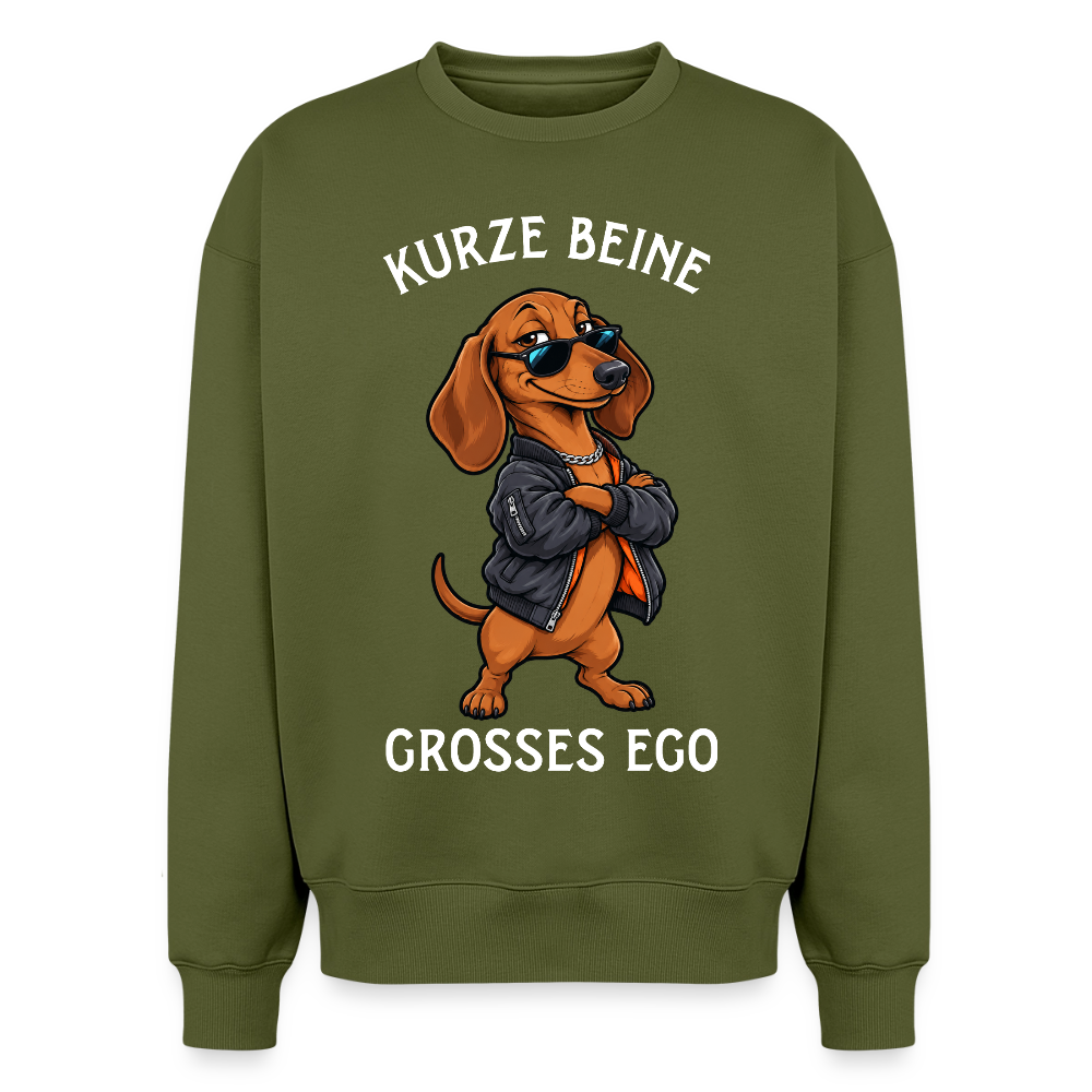 Dackel Sweater in Khaki – lustiger Cartoon-Hund mit Spruch „Kurze Beine“ auf der Rückseite | Geschenk für Hundeliebhaber von Pfotenart