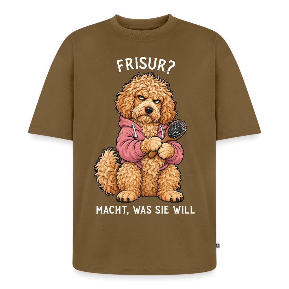 Labradoodle T-Shirt in Nussbraun – lustiger Cartoon-Hund mit Spruch „Frisur?“ | Geschenk für Hundeliebhaber von Pfotenart