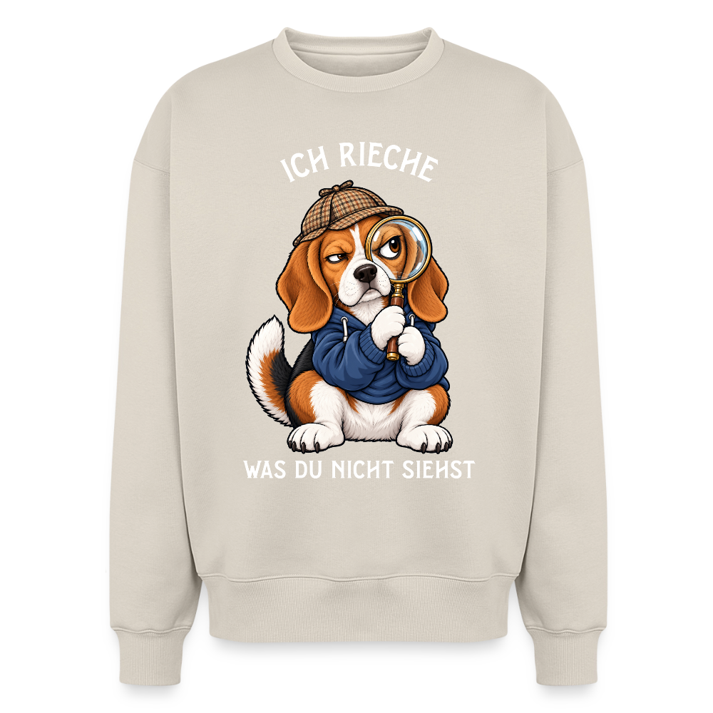 Beagle Sweater in Beige – lustiger Cartoon-Hund mit Spruch „Ich rieche“ auf der Rückseite | Geschenk für Hundeliebhaber von Pfotenart