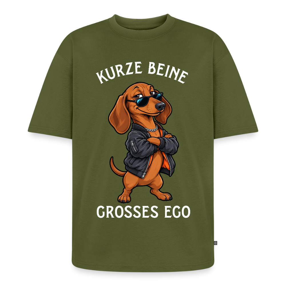 Dackel T-Shirt in Khaki – lustiger Cartoon-Hund mit Spruch „Grosses Ego“ | Geschenk für Hundeliebhaber von Pfotenart