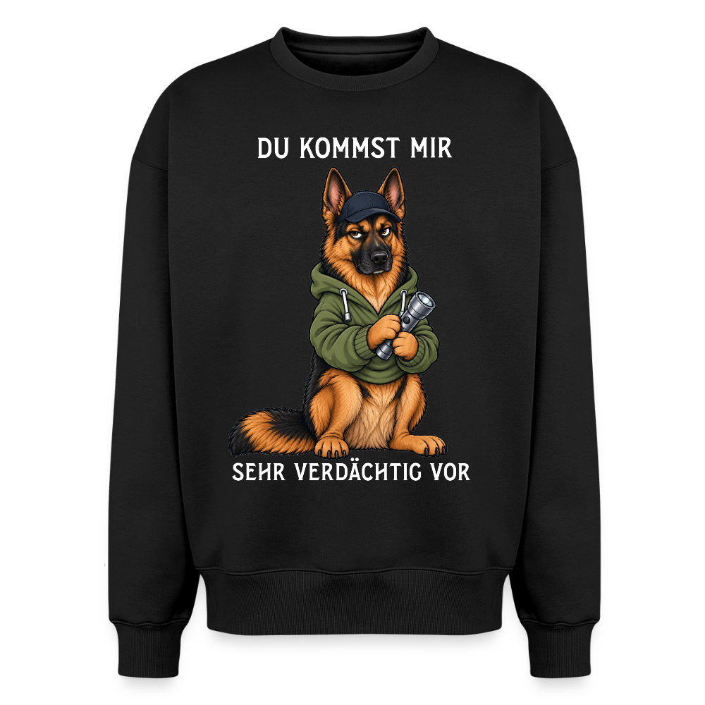 Schäferhund Sweater in Schwarz – lustiger Cartoon-Hund mit Spruch „Sehr verdächtig“ auf der Rückseite | Geschenk für Hundeliebhaber von Pfotenart
