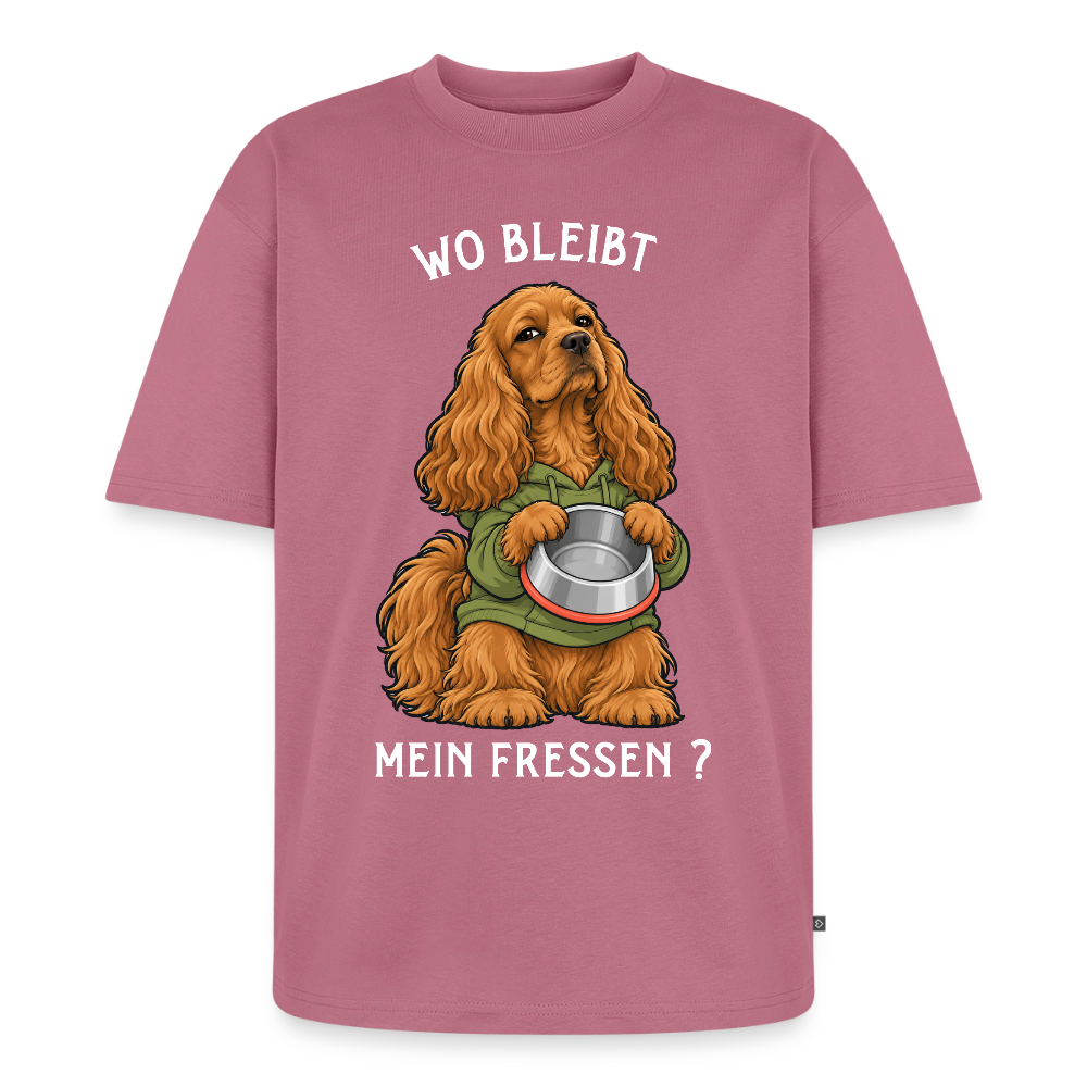 Cocker Spaniel T-Shirt in Mauve – lustiger Cartoon-Hund mit Spruch „Wo bleibt mein Fressen?“ | Geschenk für Hundeliebhaber von Pfotenart