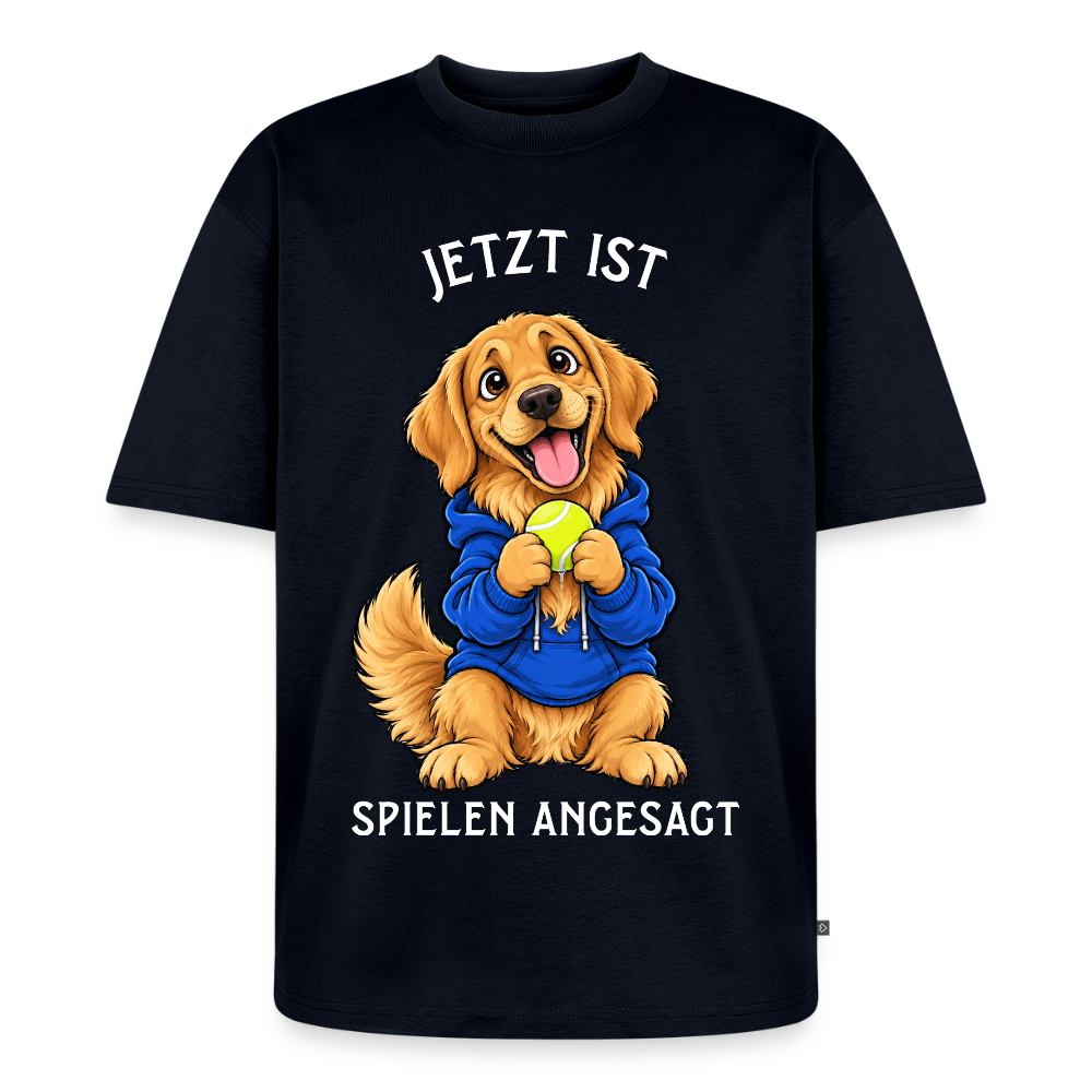 Golden Retriever T-Shirt in Navy – lustiger Cartoon-Hund mit Spruch „Spielen angesagt“ | Geschenk für Hundeliebhaber von Pfotenart