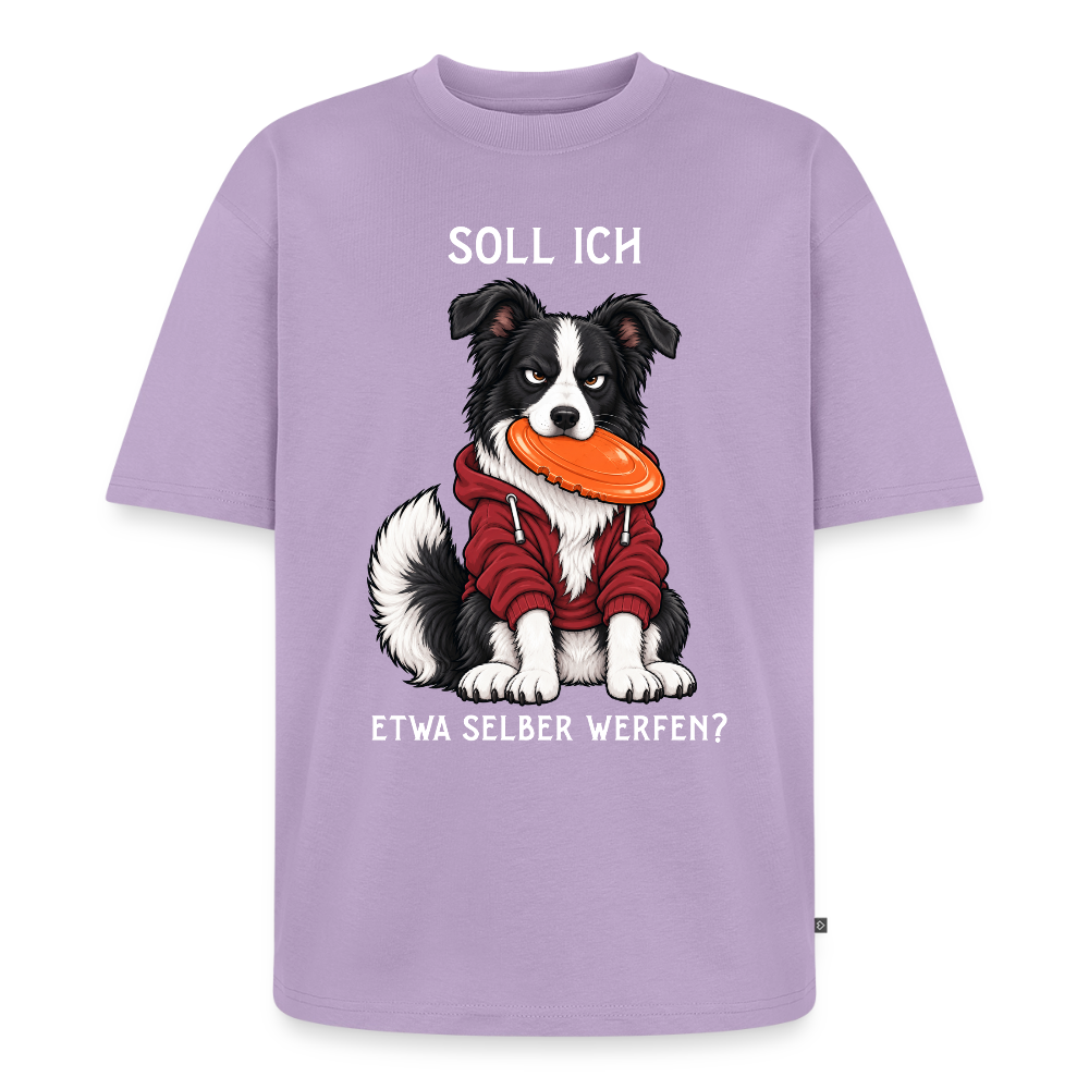 Border Collie T-Shirt in Lavendel – lustiger Cartoon-Hund mit Spruch „Selber werfen“ | Geschenk für Hundeliebhaber von Pfotenart
