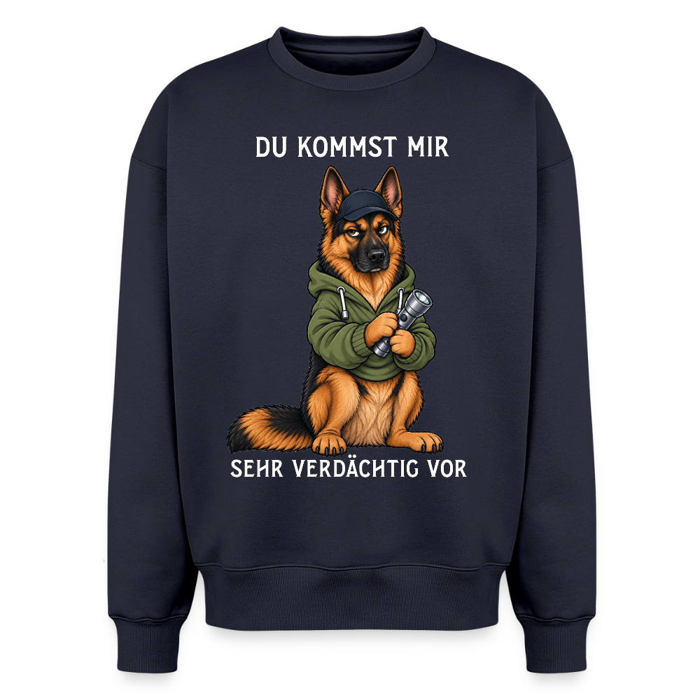 Schäferhund Sweater in Navy – lustiger Cartoon-Hund mit Spruch „Sehr verdächtig“ auf der Rückseite | Geschenk für Hundeliebhaber von Pfotenart