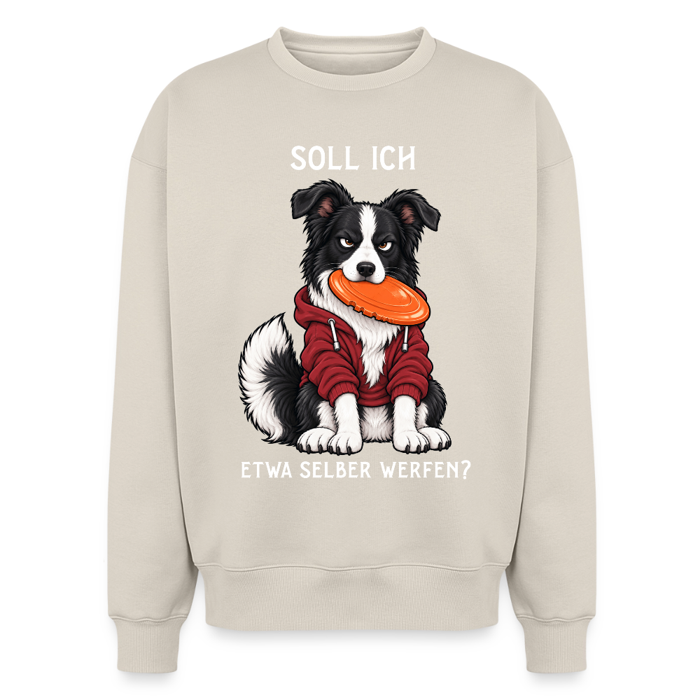 Border Collie Sweater in Beige – lustiger Cartoon-Hund mit Spruch „Selber werfen“ auf der Rückseite | Geschenk für Hundeliebhaber von Pfotenart