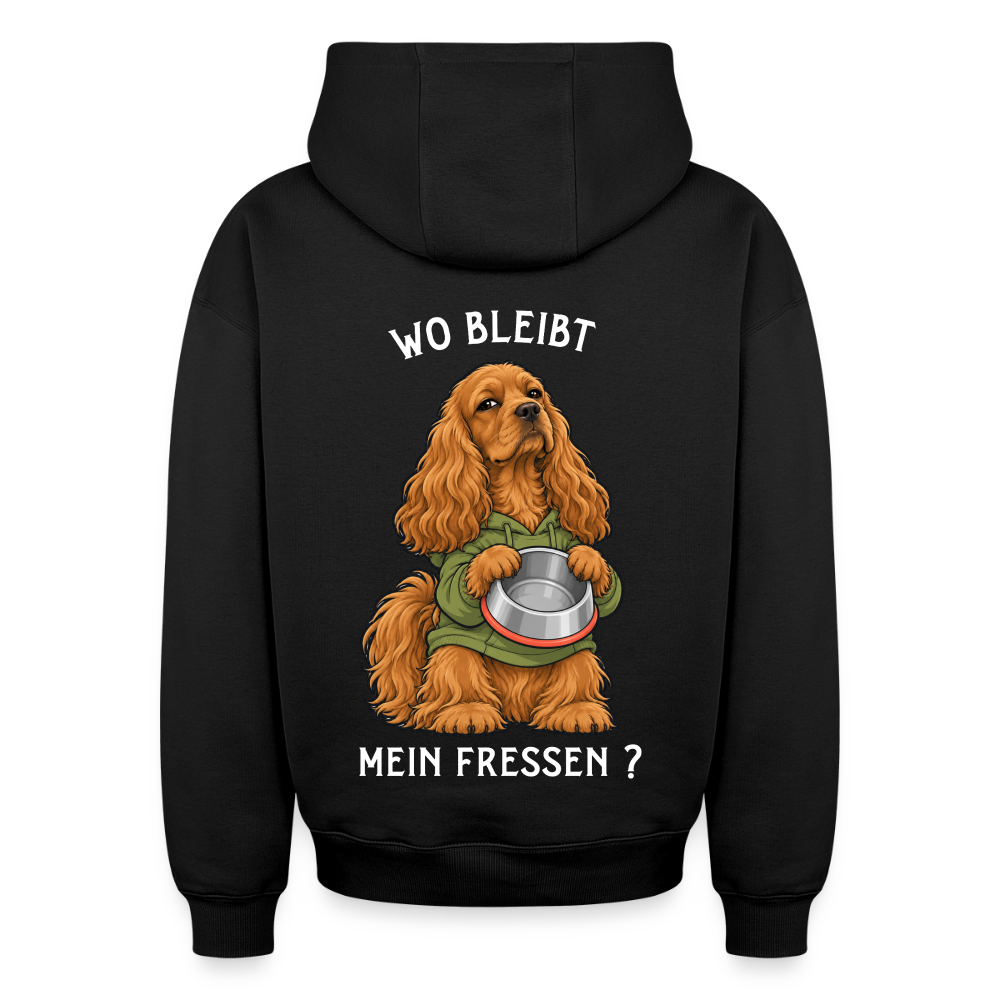 Cocker Spaniel Hoodie in Schwarz – lustiger Cartoon-Hund mit Spruch „Wo bleibt“ auf der Rückseite | Geschenk für Hundeliebhaber von Pfotenart