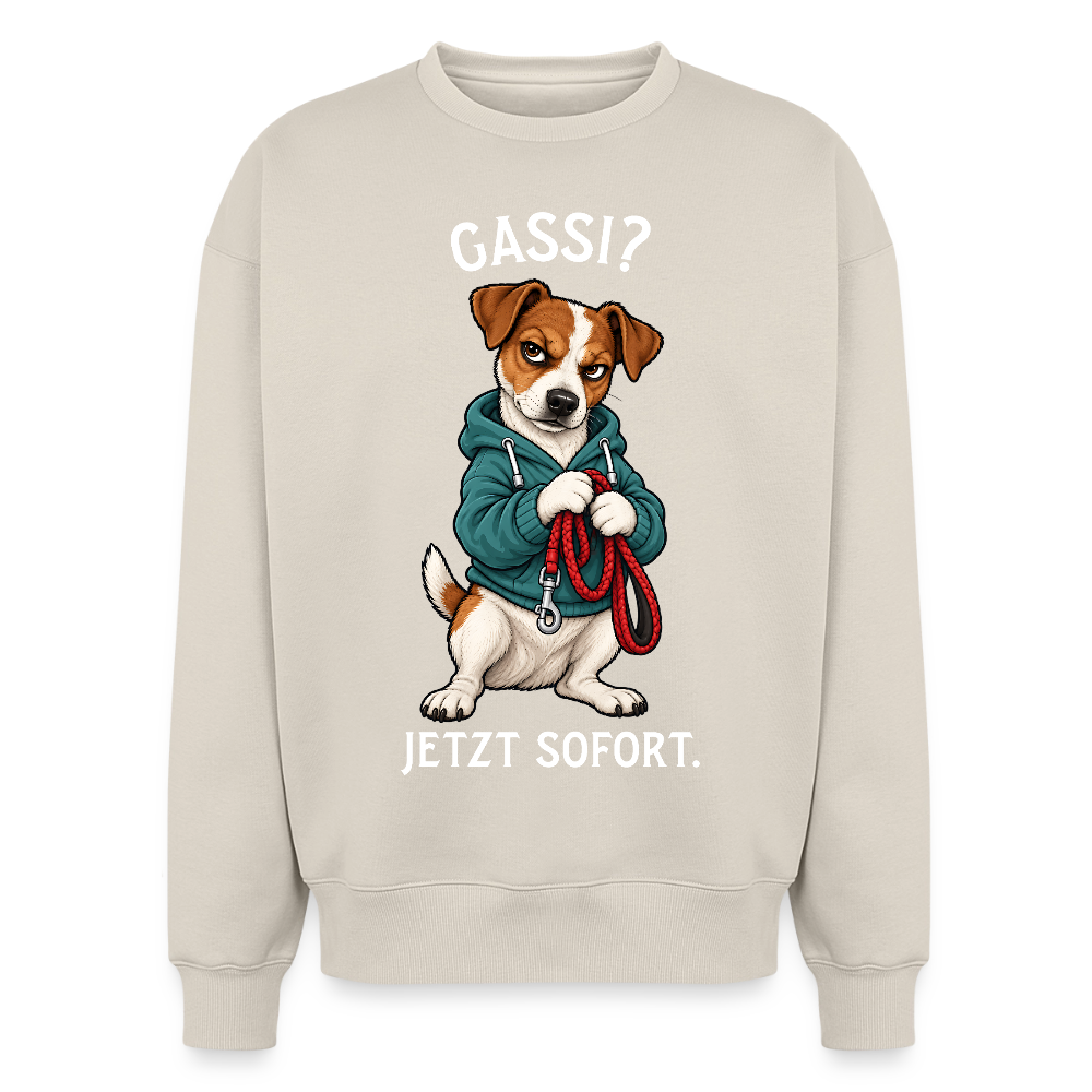 Jack Russell Sweater in Beige – lustiger Cartoon-Hund mit Spruch „Gassi“ auf der Rückseite | Geschenk für Hundeliebhaber von Pfotenart