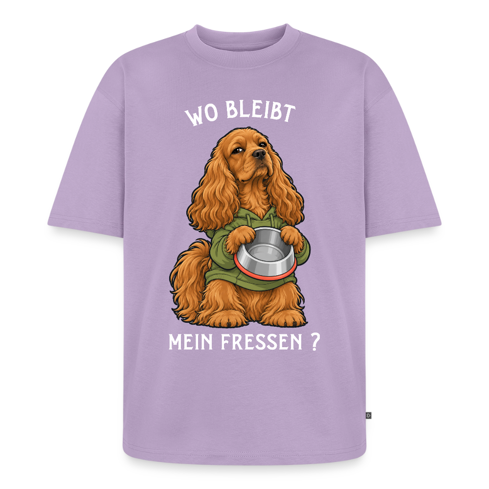 Cocker Spaniel T-Shirt in Lavendel – lustiger Cartoon-Hund mit Spruch „Wo bleibt mein Fressen?“ | Geschenk für Hundeliebhaber von Pfotenart