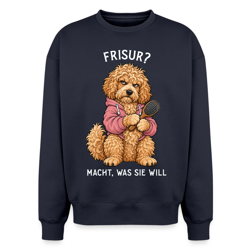 Labradoodle Sweater in Navy – lustiger Cartoon-Hund mit Spruch „Frisur?“ auf der Rückseite | Geschenk für Hundeliebhaber von Pfotenart
