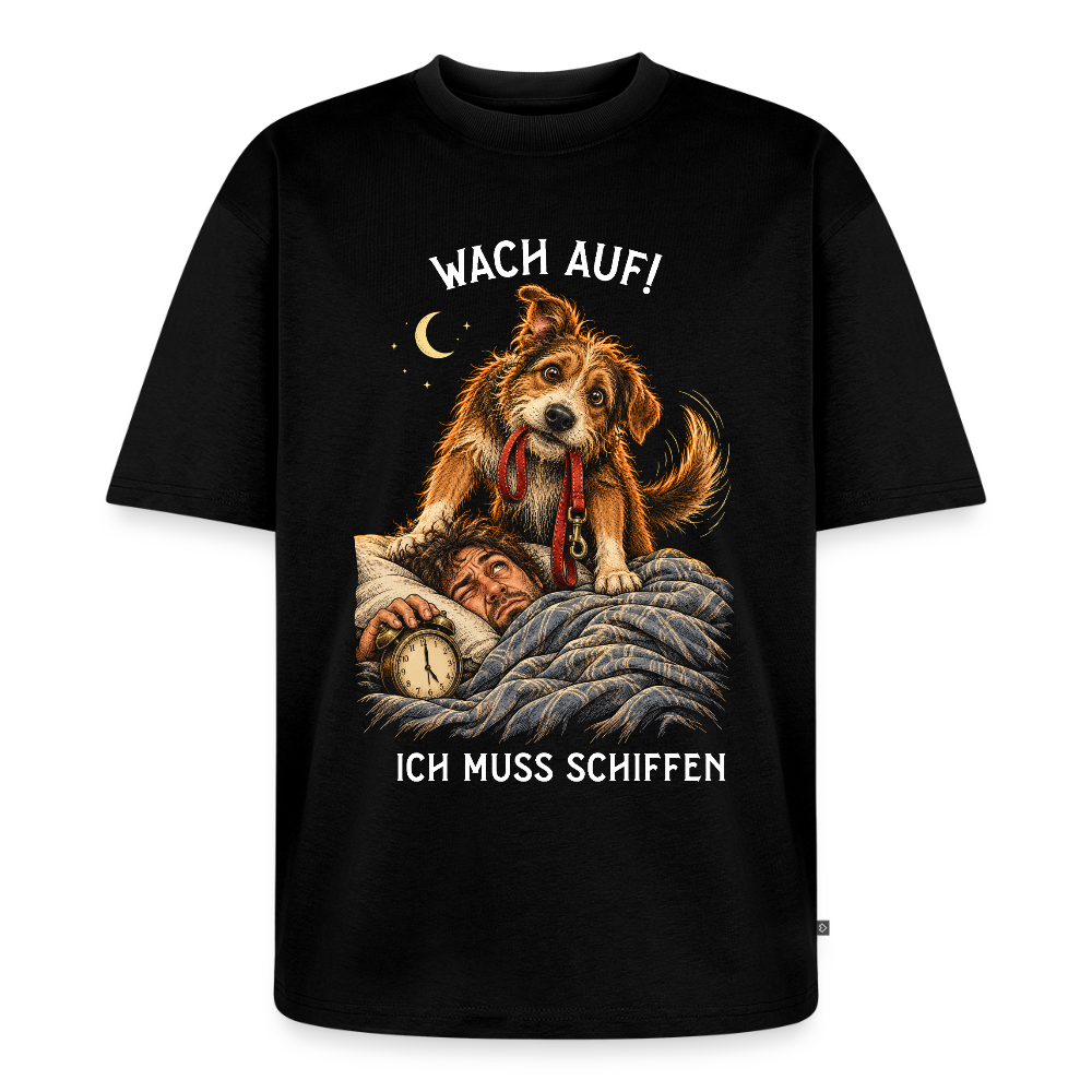 Hunde T-Shirt in Schwarz – Spezial Edition „Wach auf! Ich muss schiffen“ | Geschenk für Hundeliebhaber von Pfotenart