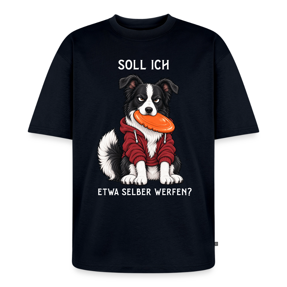 Border Collie T-Shirt in Navy – lustiger Cartoon-Hund mit Spruch „Selber werfen“ | Geschenk für Hundeliebhaber von Pfotenart