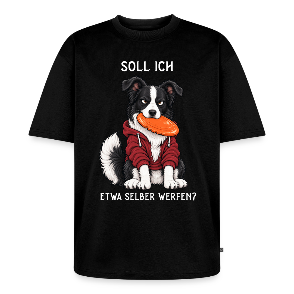 Border Collie T-Shirt in Schwarz – lustiger Cartoon-Hund mit Spruch „Selber werfen“ | Geschenk für Hundeliebhaber von Pfotenart