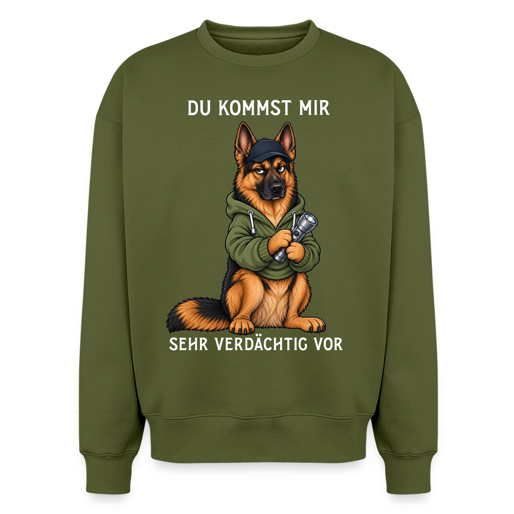 Schäferhund Sweater in Khaki – lustiger Cartoon-Hund mit Spruch „Sehr verdächtig“ auf der Rückseite | Geschenk für Hundeliebhaber von Pfotenart