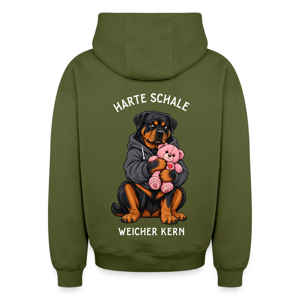 Rottweiler Hoodie in Khaki – lustiger Cartoon-Hund mit Spruch „Harte Schale“ auf der Rückseite | Geschenk für Hundeliebhaber von Pfotenart